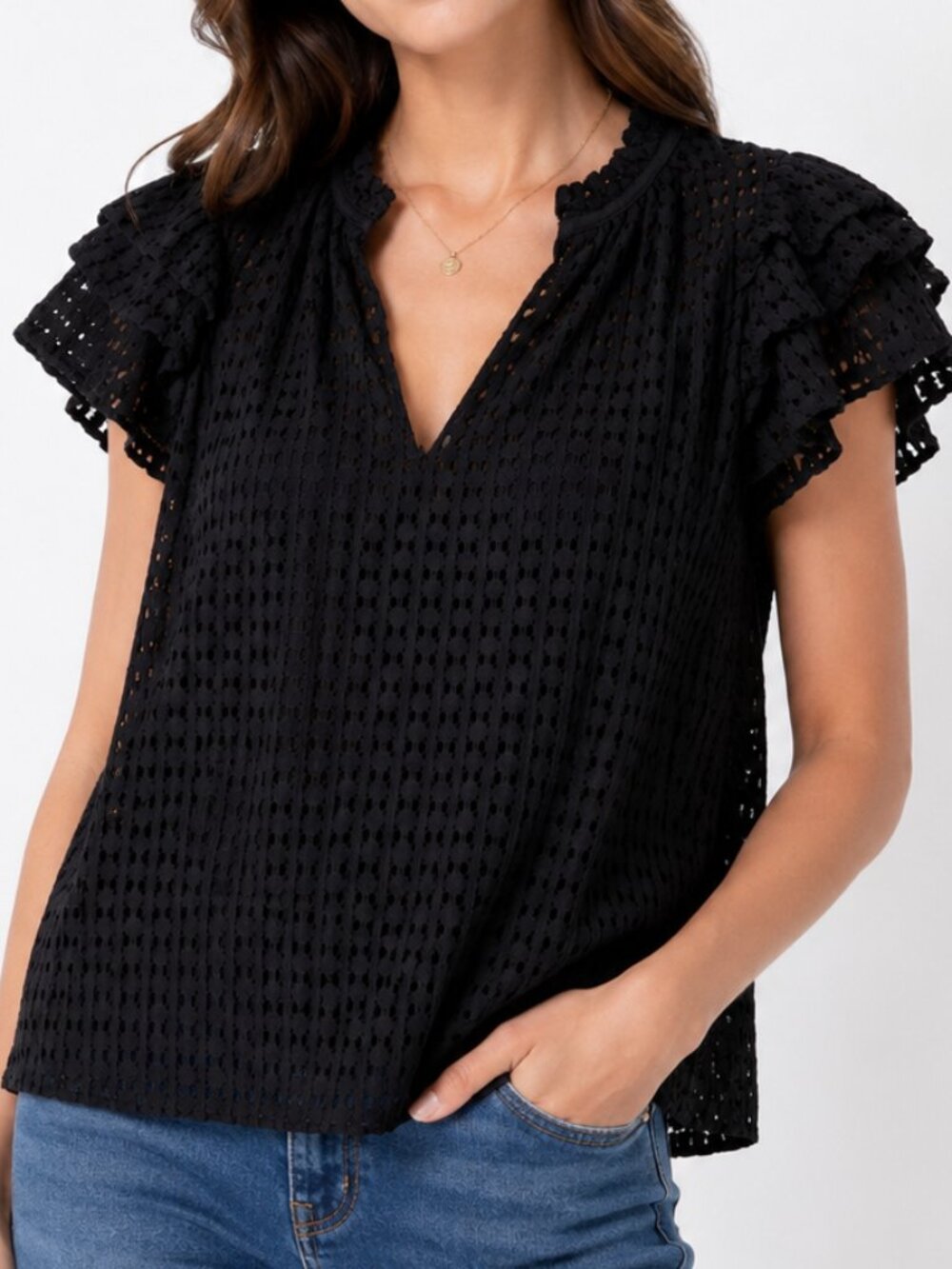 1.STATE Black Eyelet Flutter Sleeve Split V-Neck Blouse Size S, NWOT